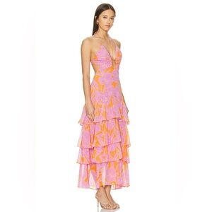 ASTR The Label Women's Large Aneira Dress Orange Purple Floral Maxi Ruffle Strap